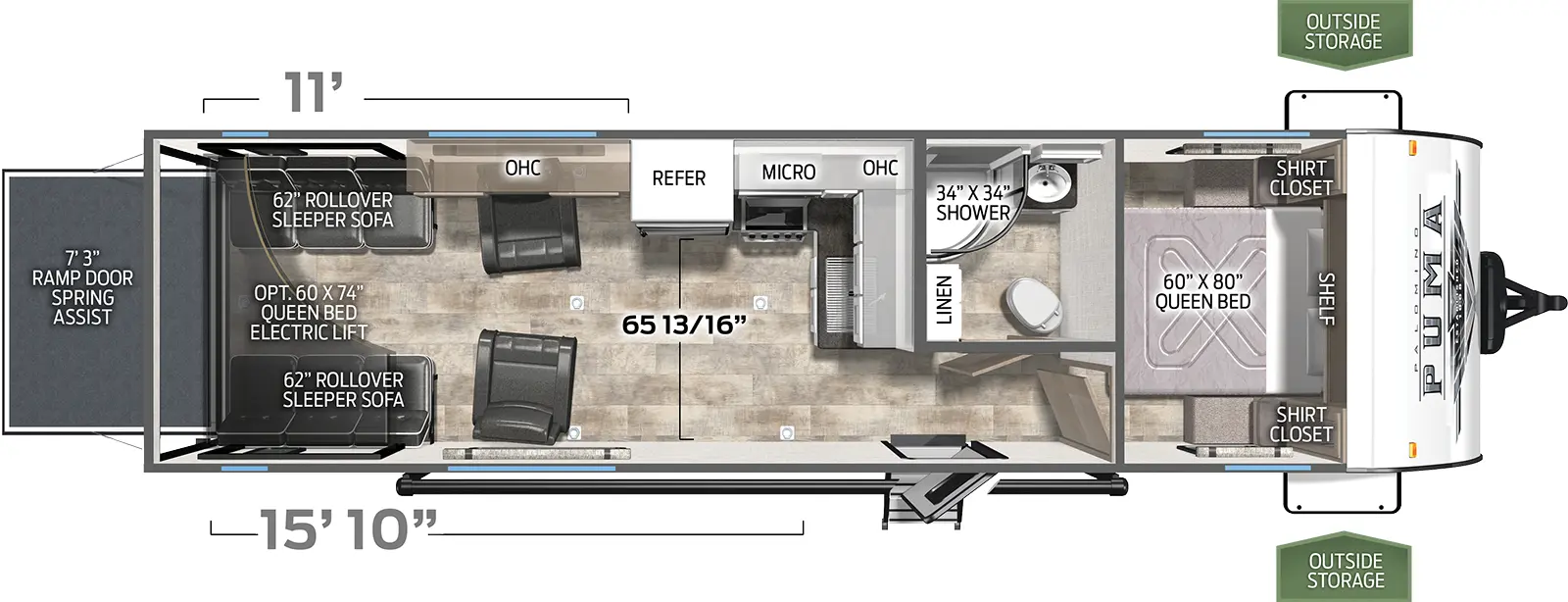 The 27TH has zero slideouts, one entry, and a rear ramp door with spring assist. Exterior features outside storage. Interior layout front to back: foot-facing queen bed with overhead shelf and shirt closets on each side; off-door side full bathroom with linen closet; entry door; kitchen counter with sink and overhead cabinet wraps from inner wall to off-door side with microwave, cooktop and refrigerator; opposing chairs with overhead cabinet on off-door side; rear opposing rollover sleeper sofas with optional queen bed electric lift above. Garage dimensions: 15 foot 10 inches from rear to kitchen counter on inner wall; 65 13/16 inches from door side to refrigerator; 11 foot from rear to refrigerator.